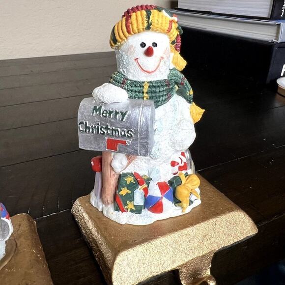 Vintage Heavy Snowman Stocking Holders Set 2 Metal Base Christmas Mantel Hooks - Picture 3 of 6